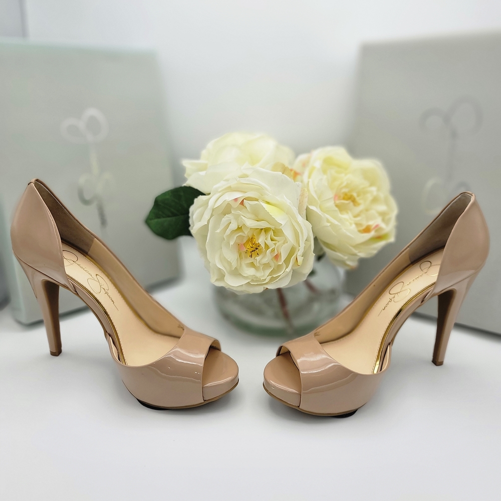 Jessica Simpson Cian Peep-Toe Heels Patent Leather, Size 8.5 Nude, Beleni, Cream
